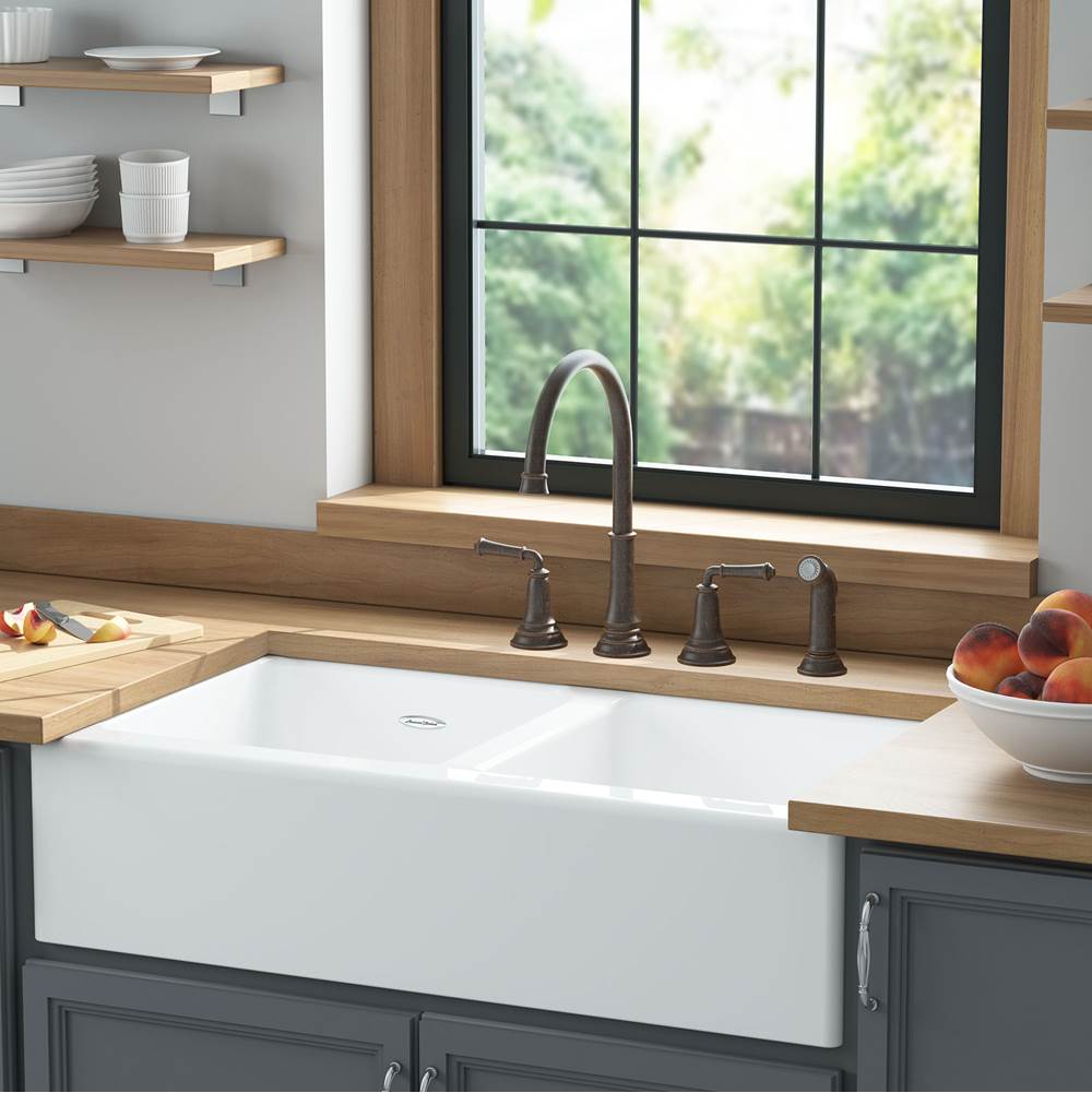 American Standard Delancey® 36 x 22-Inch Cast Iron 4-Hole Undermount Double Bowl Apron Front Kitchen Sink