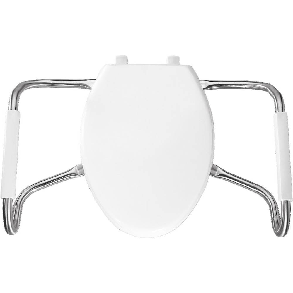 Bemis Elongated Plastic Open Front Less Cover Medic-Aid Toilet Seat with STA-TITE, DuraGuard and Stainless Steel Safety Side Arms - White