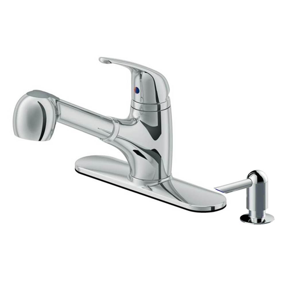 Cahaba Designs Low Profile Single Handle Pull-Out Kitchen Faucet with Soap Dispenser in Chrome