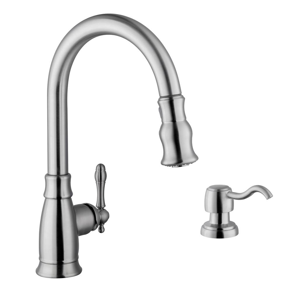 Cahaba Designs Traditional Single Handle Pull-Down Kitchen Faucet with Soap Dispenser in Brushed Nickel