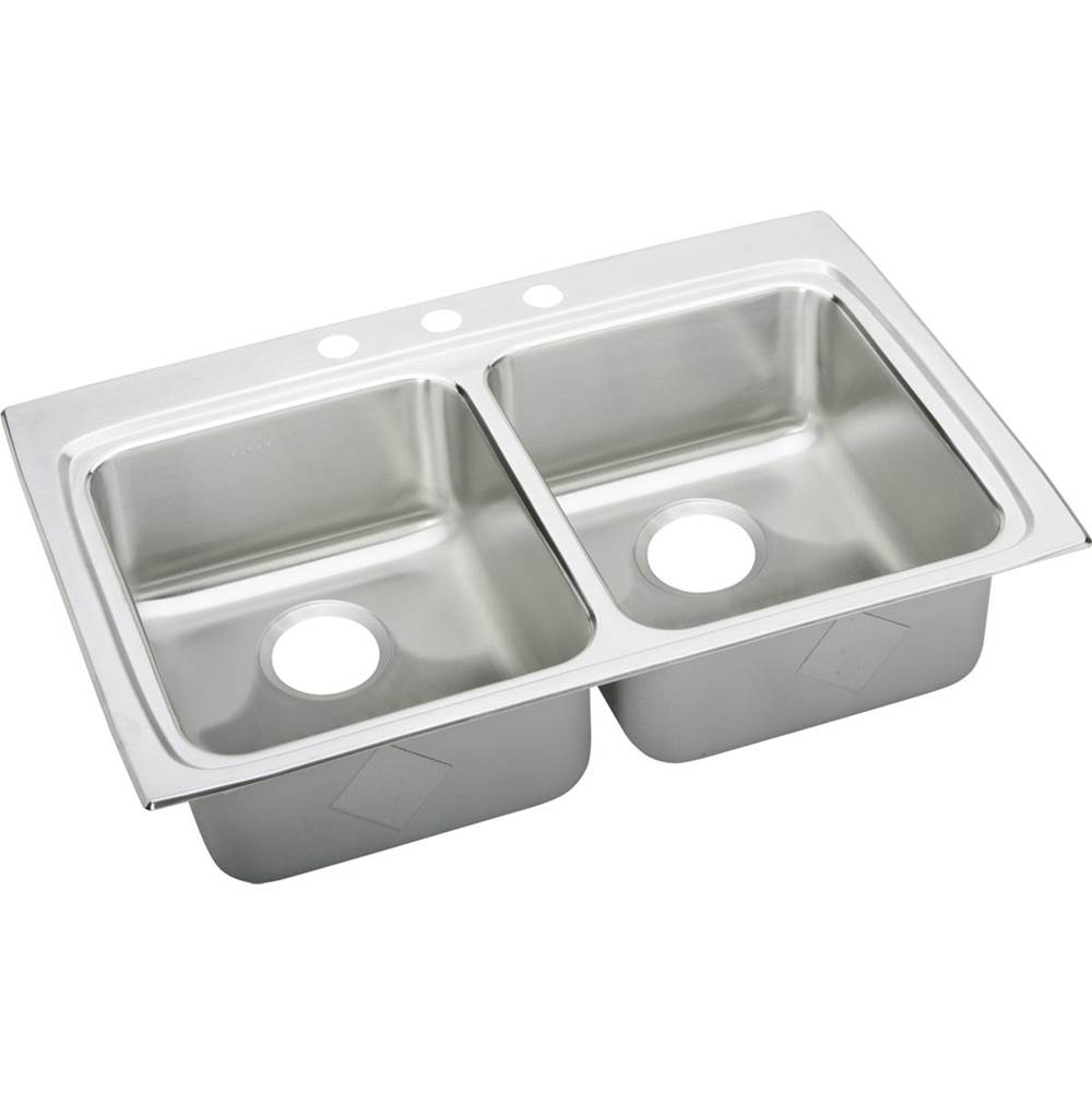Elkay Lustertone Classic Stainless Steel 33'' x 22'' x 6'', 3-Hole Equal Double Bowl Drop-in ADA Sink with Quick-clip