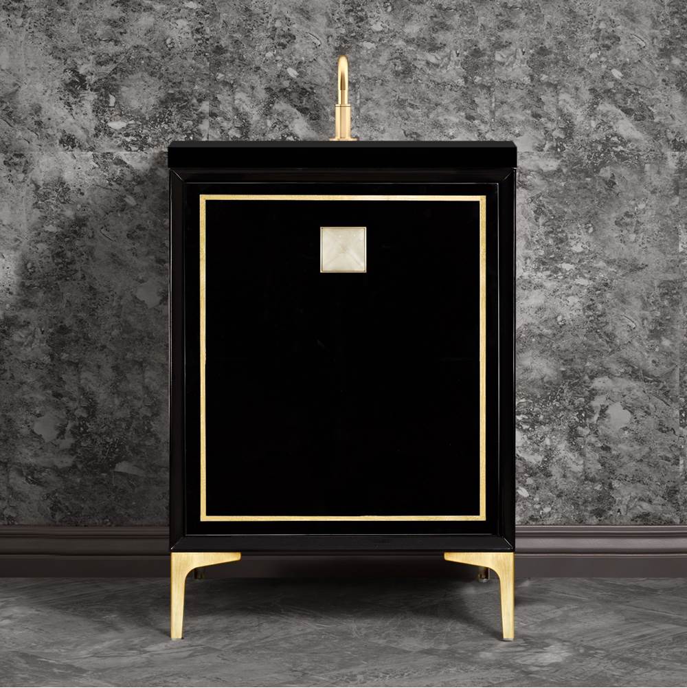 Linkasink Linea with 3'' Black Tiger Artisan Glass Prism, 24'' Wide Vanity, Black, Satin Brass Hardware with White Glass, 24'' x 22'' x 33.5'' (without vanity top)