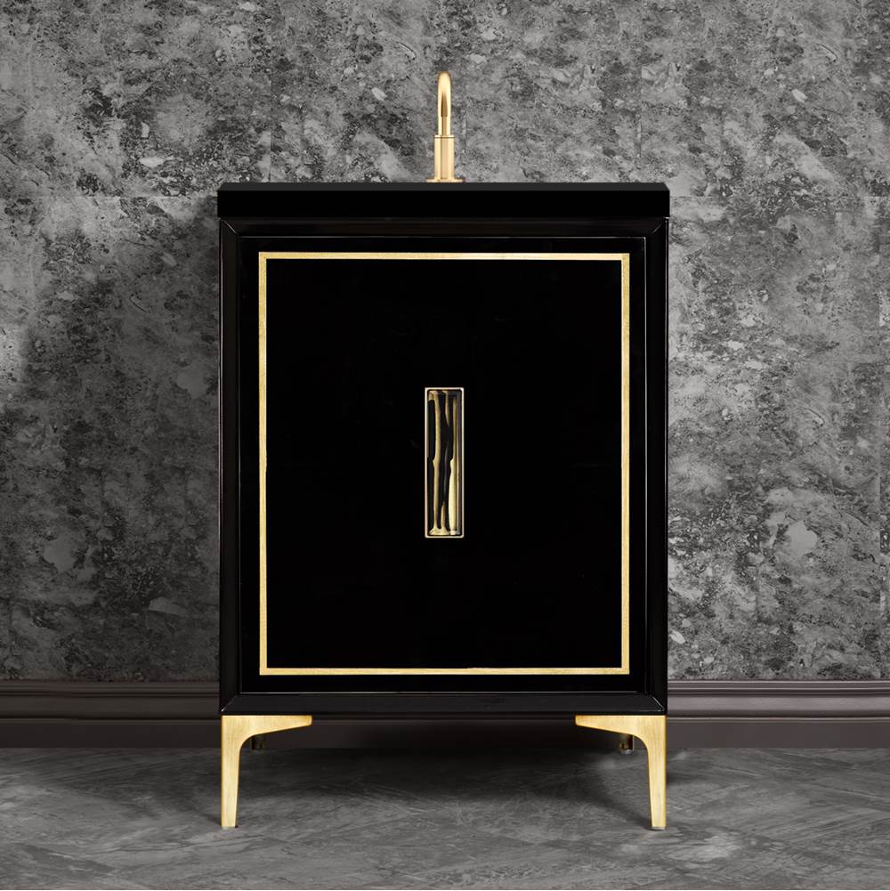 Linkasink Linea with 8'' Black Tiger Artisan Glass Prism, 24'' Wide Vanity, Black, Satin Brass Hardware with White Glass, 24'' x 22'' x 33.5'' (without vanity top)
