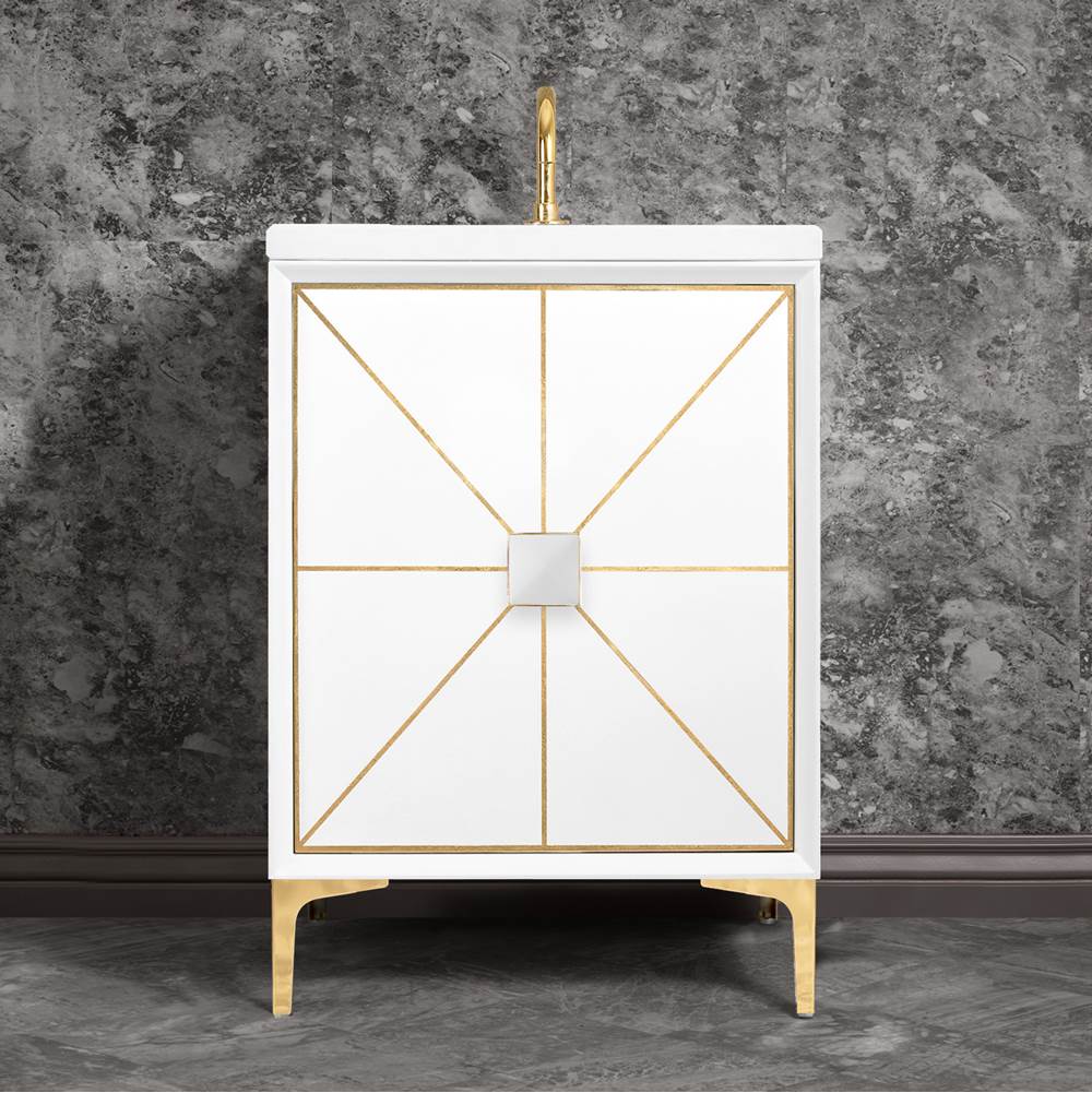 Linkasink Divergence with 3'' Artisan Glass Prism, 24'' Wide Vanity, White, Polished Brass Hardware with White Glass, 24'' x 22'' x 33.5'' (without vanity top)