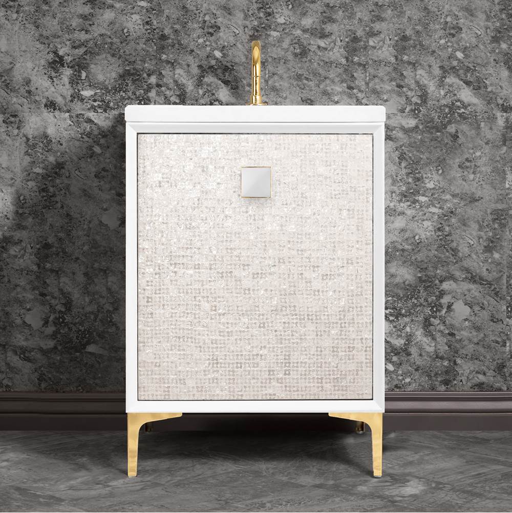 Linkasink MOTHER OF PEARL with 3'' Artisan Glass Prism Hardware 24'' Wide Vanity, White, Polished Brass Hardware, 24'' x 22'' x 33.5'' (without vanity top)