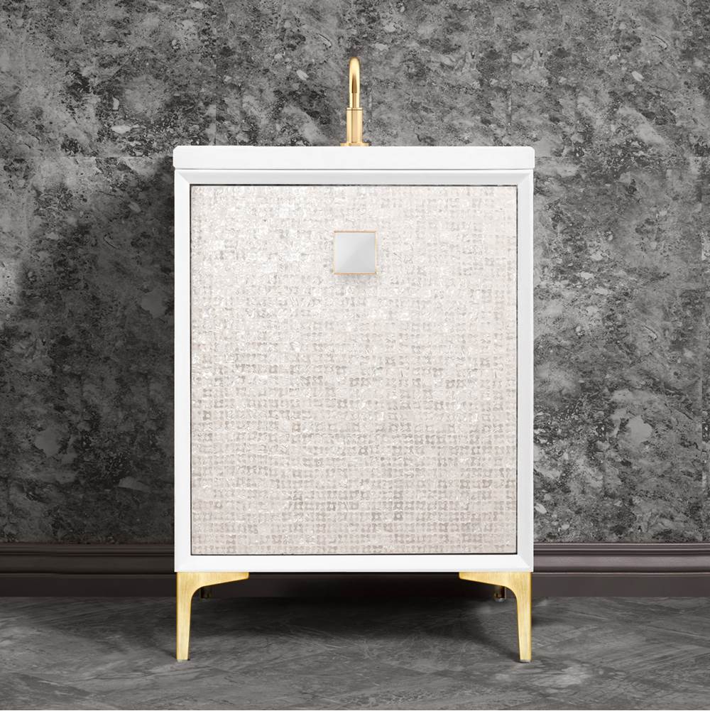 Linkasink MOTHER OF PEARL with 3'' Artisan Glass Prism Hardware 24'' Wide Vanity, White, Satin Brass Hardware, 24'' x 22'' x 33.5'' (without vanity top)