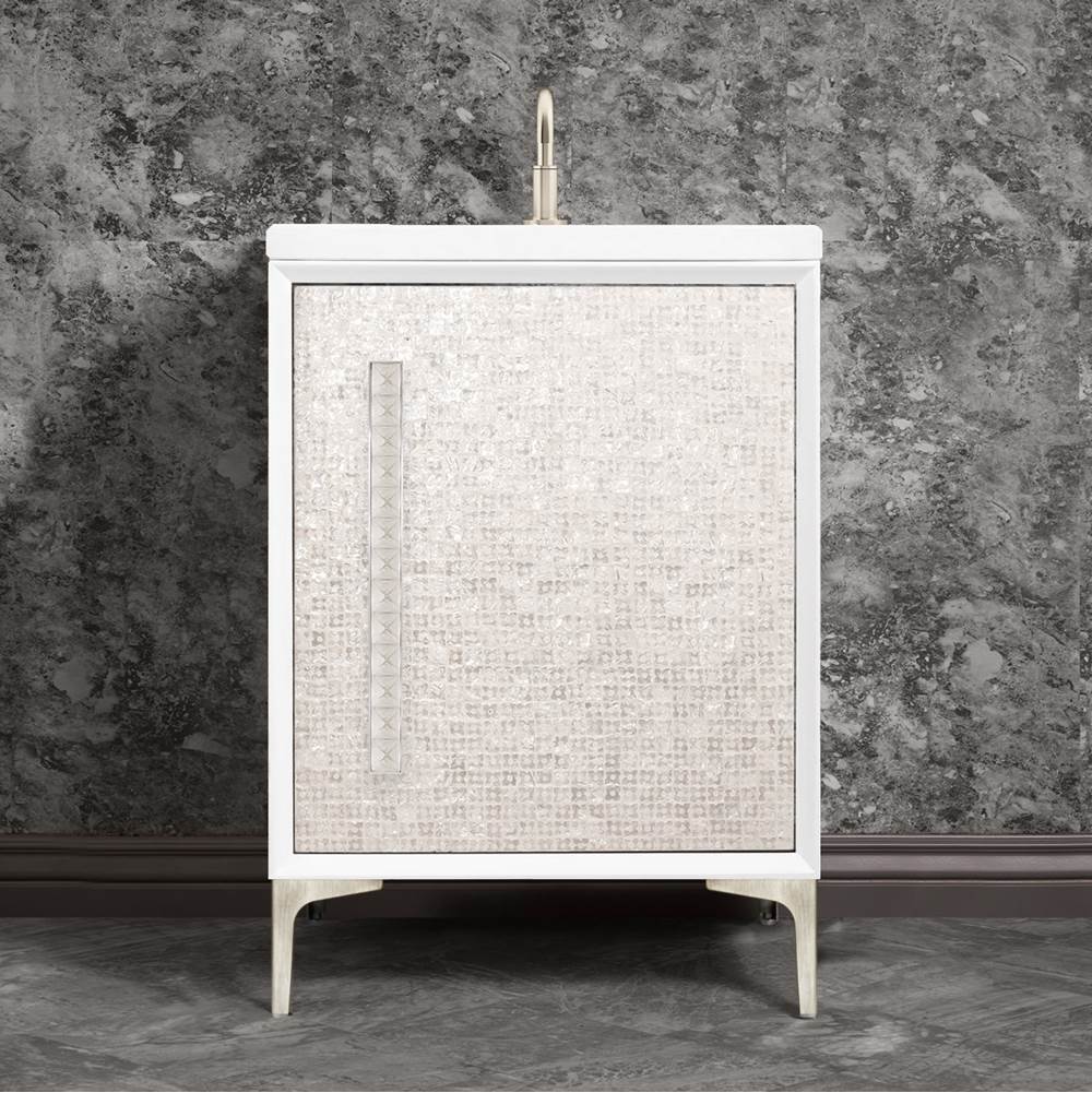 Linkasink MOTHER OF PEARL with 18'' Artisan Glass Pyramid Hardware 24'' Wide Vanity, White, Satin Nickel Hardware, 24'' x 22'' x 33.5'' (without vanity top)