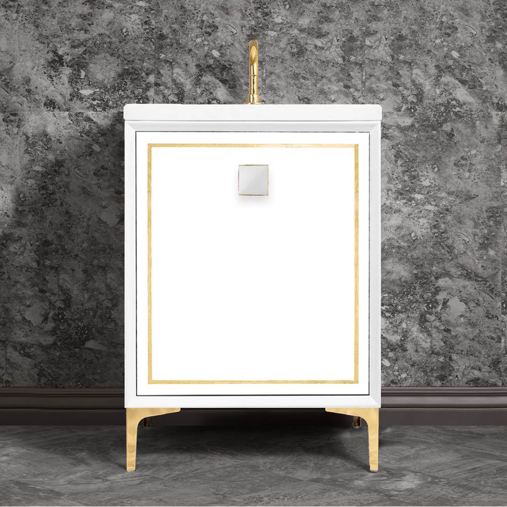 Linkasink LINEA with 3'' Artisan Glass Prism Hardware 24'' Wide Vanity, White, Polished Brass Hardware, 24'' x 22'' x 33.5'' (without vanity top)