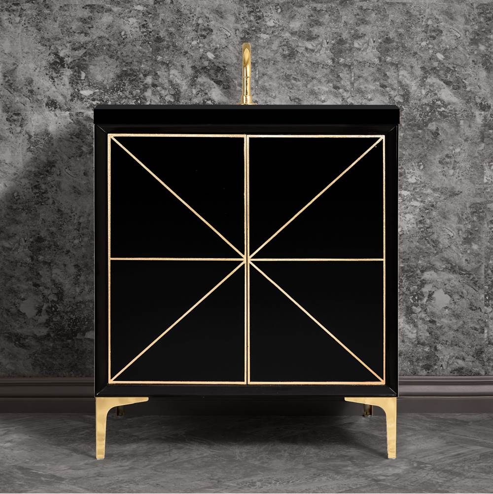 Linkasink Divergence 30'' Wide Black Vanity with Hand Applied Metal Leaf and Polished Brass Hardware, 30'' x 22'' x 33.5'' (without vanity top)