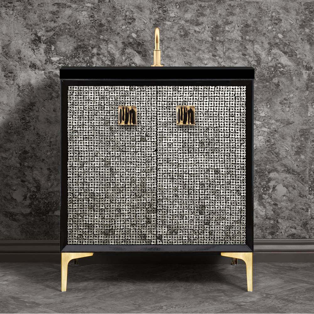 Linkasink Mother of Pearl with 3'' Black Tiger Artisan Glass Prism, 30'' Wide Vanity, Black, Satin Brass Hardware with White Glass, 30'' x 22'' x 33.5'' (without vanity top)