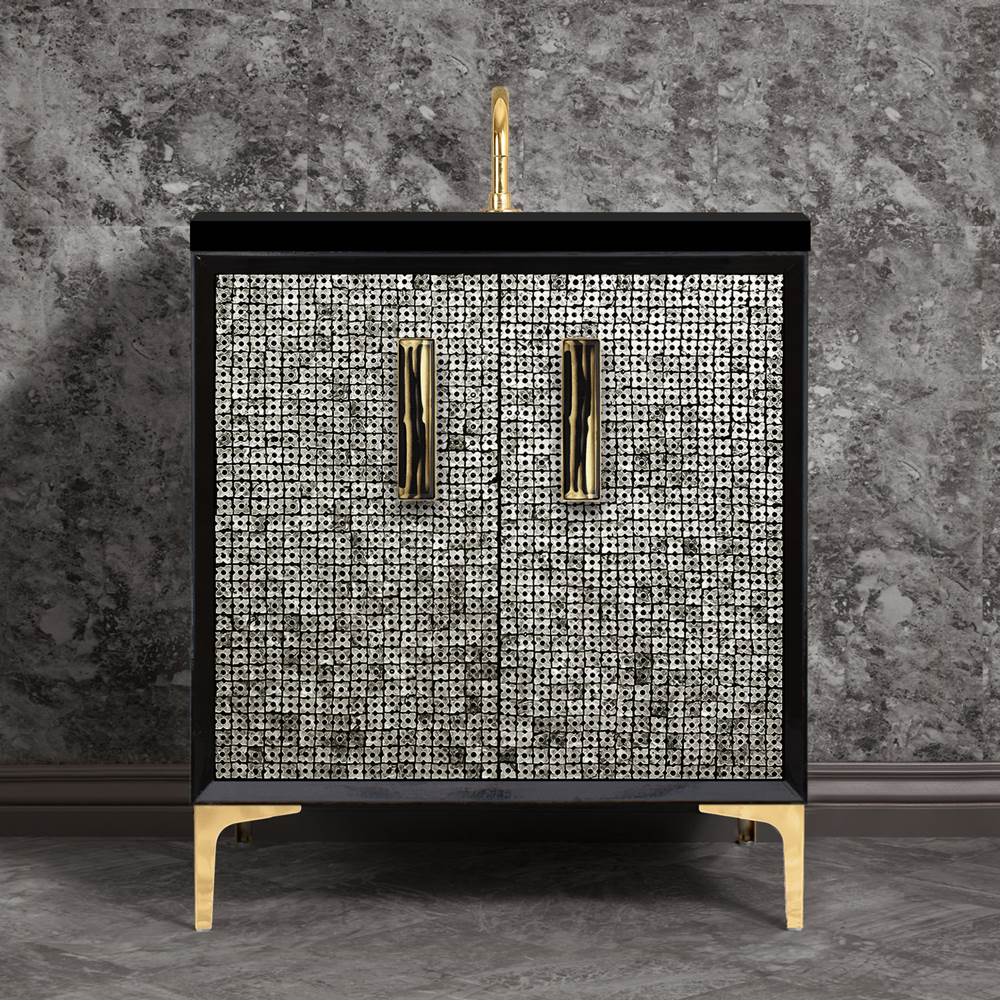 Linkasink MOTHER OF PEARL with 8'' Artisan Glass Prism Hardware 30'' Wide Vanity, Black, Polished Brass Hardware, 30'' x 22'' x 33.5'' (without vanity top)
