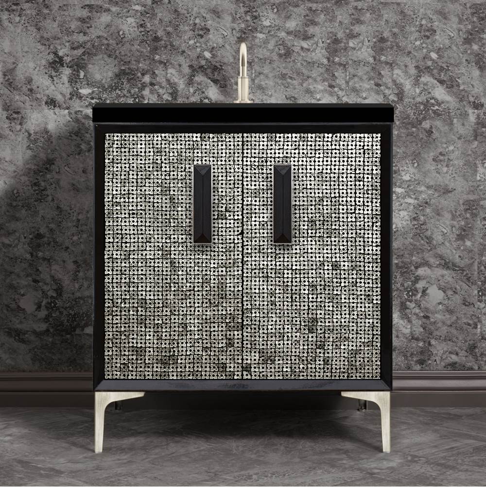 Linkasink MOTHER OF PEARL with 8'' Artisan Glass Prism Hardware 30'' Wide Vanity, Black, Satin Nickel Hardware, 30'' x 22'' x 33.5'' (without vanity top)