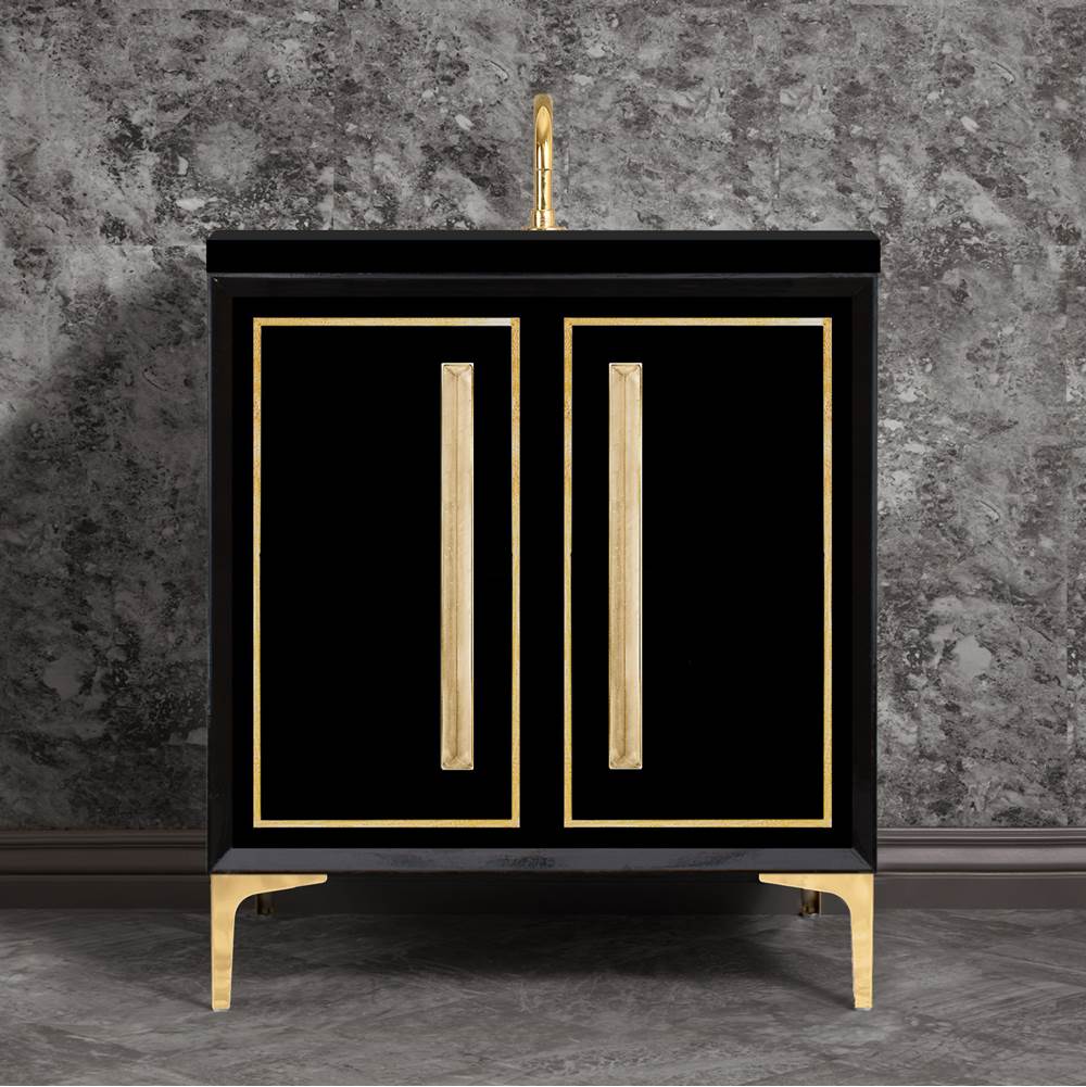 Linkasink LINEA with 18'' Artisan Glass Prism Hardware 30'' Wide Vanity, Black, Polished Brass Hardware, 30'' x 22'' x 33.5'' (without vanity top)