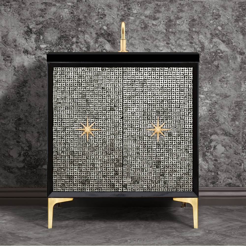 Linkasink Mother of Pearl with 3'' Satin Brass Star Hardware, 30'' Wide Vanity, Black, 30'' x 22'' x 33.5'' (without vanity top)