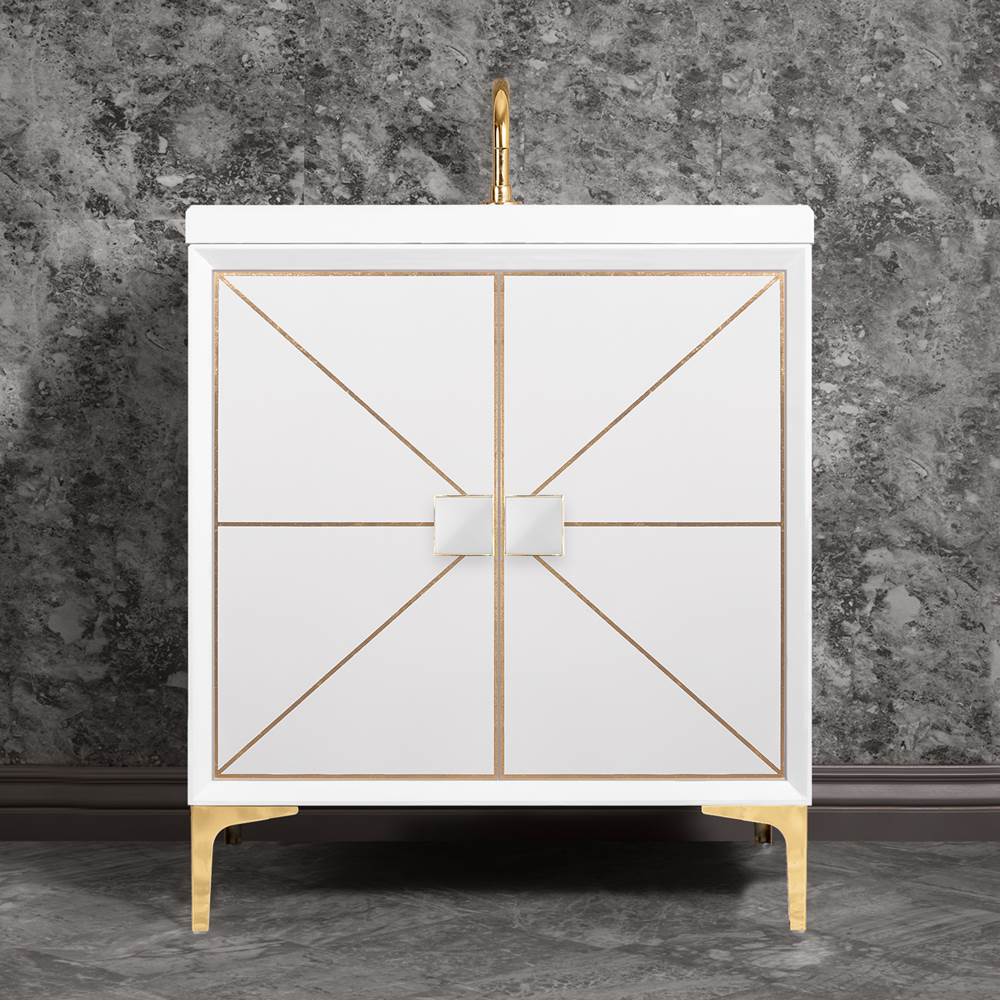 Linkasink DIVERGENCE with Artisan Glass Hardware 30'' Wide Vanity, White, Polished Brass Hardware, 30'' x 22'' x 33.5'' (without vanity top)