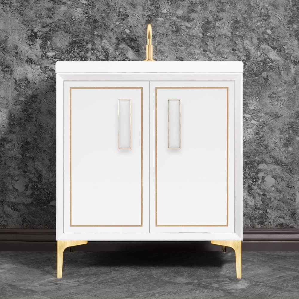 Linkasink LINEA with 8'' Artisan Glass Prism Hardware 30'' Wide Vanity, White, Satin Brass Hardware, 30'' x 22'' x 33.5'' (without vanity top)