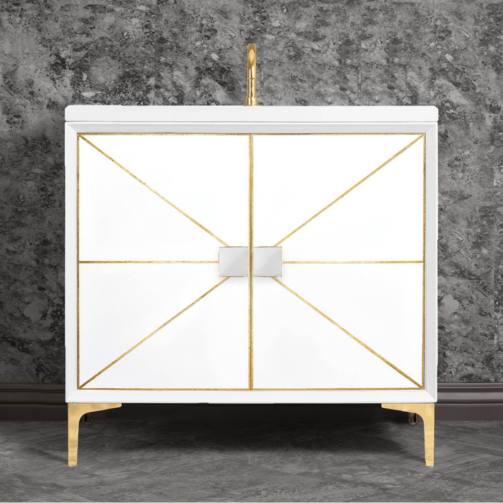 Linkasink DIVERGENCE with Artisan Glass Hardware 36'' Wide Vanity, White, Polished Brass Hardware, 36'' x 22'' x 33.5'' (without vanity top)