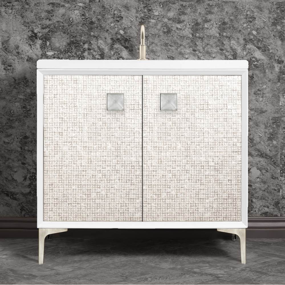 Linkasink MOTHER OF PEARL with 3'' Artisan Glass Prism Hardware 36'' Wide Vanity, White, Satin Nickel Hardware, 36'' x 22'' x 33.5'' (without vanity top)