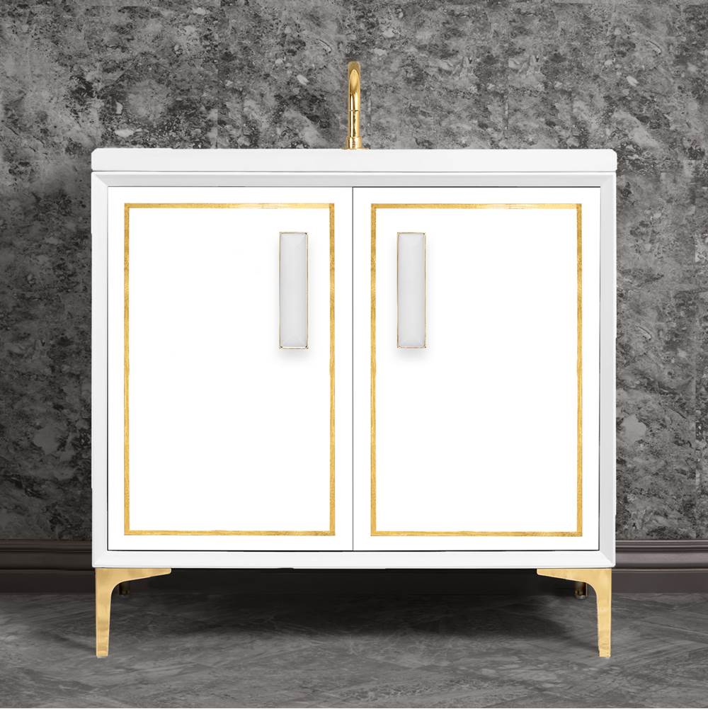 Linkasink LINEA with 8'' Artisan Glass Prism Hardware 36'' Wide Vanity, White, Polished Brass Hardware, 36'' x 22'' x 33.5'' (without vanity top)