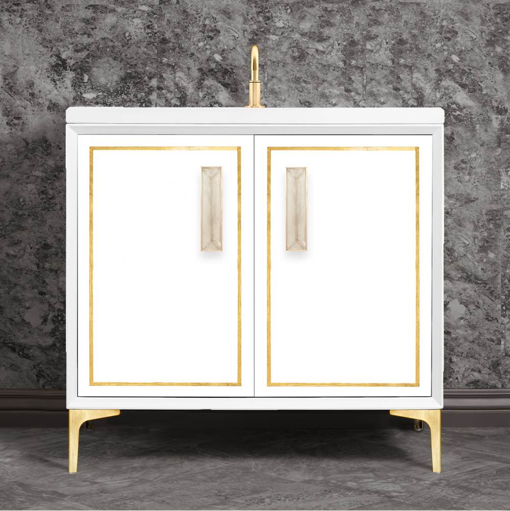 Linkasink LINEA with 8'' Artisan Glass Prism Hardware 36'' Wide Vanity, White, Satin Brass Hardware, 36'' x 22'' x 33.5'' (without vanity top)