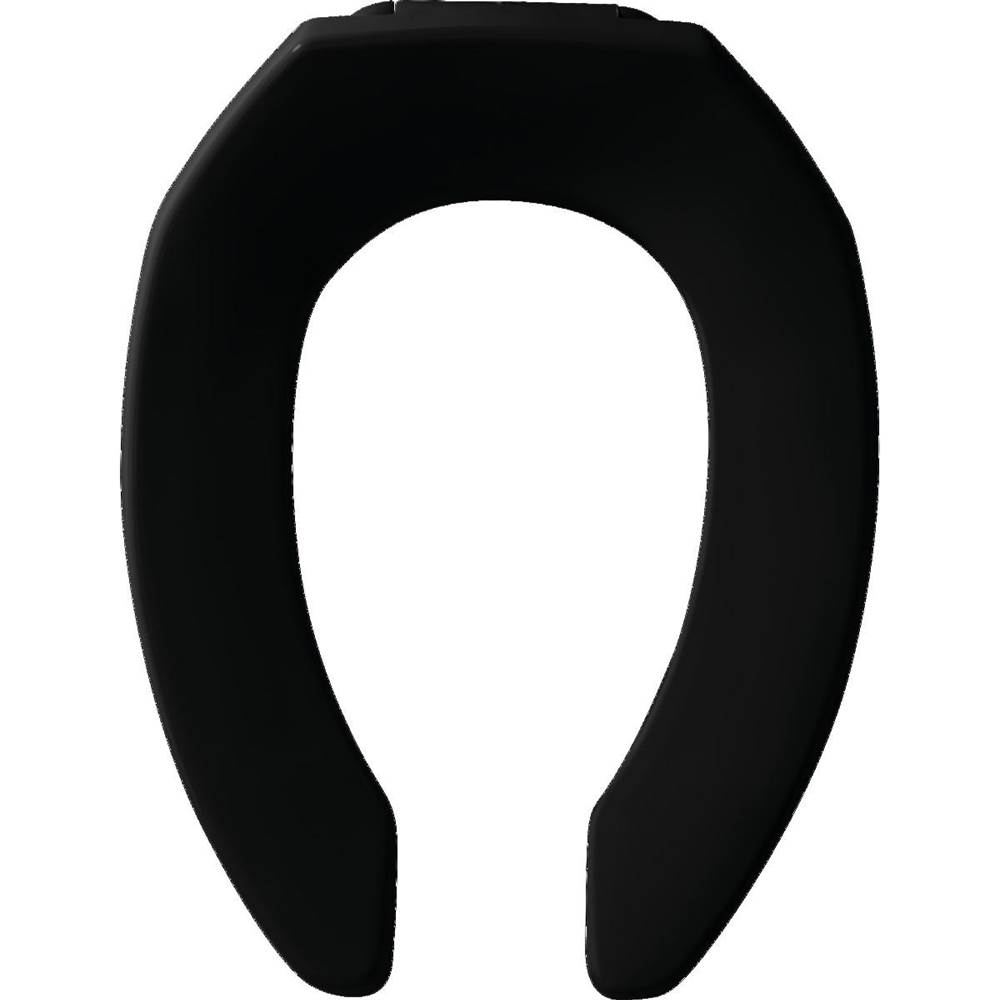 Bemis Church Elongated Open Front Less Cover Commercial Plastic Toilet Seat in Black with STA-TITE® Commercial Fastening System™ Self-Sustaining Check Hinge