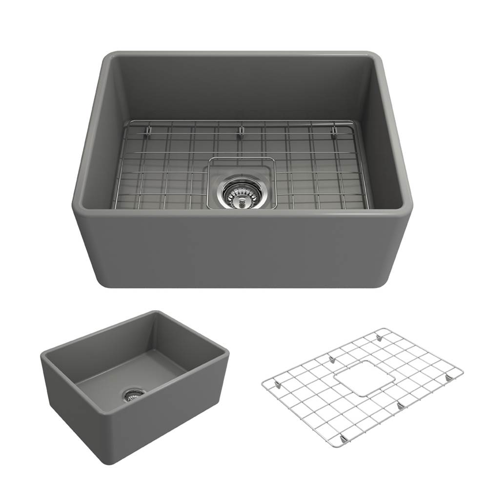 BOCCHI Classico Farmhouse Apron Front Fireclay 24 in. Single Bowl Kitchen Sink with Protective Bottom Grid and Strainer in Matte Gray