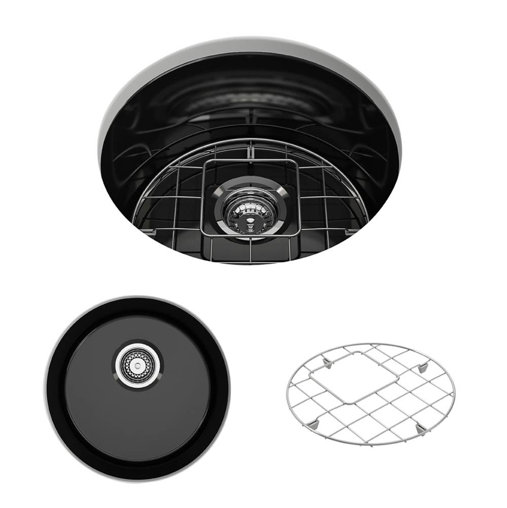BOCCHI Sotto Round Dual-mount Fireclay 18.5 in. Single Bowl Bar Sink with Protective Bottom Grid and Strainer in Black