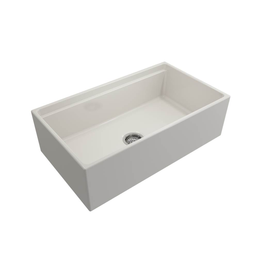 BOCCHI Contempo Step-Rim Apron Front Fireclay 33 in. Single Bowl Kitchen Sink with Integrated Work Station & Accessories in Biscuit