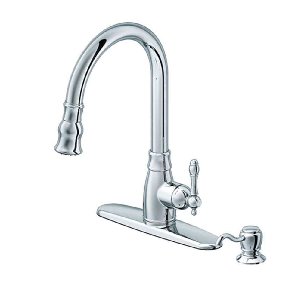 Cahaba Designs Traditional Single Handle Pull-Down Kitchen Faucet with Soap Dispenser in Chrome
