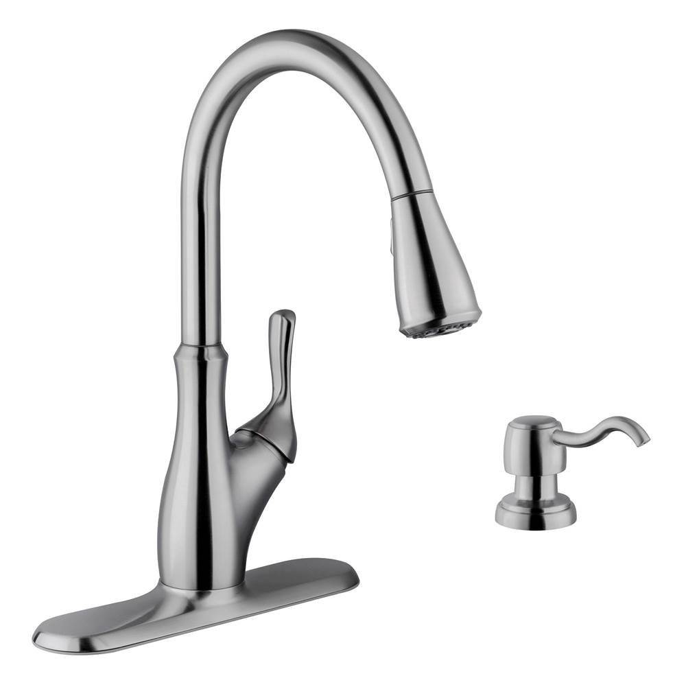 Cahaba Designs Transitional Single Handle Pull-Down Kitchen Faucet with Soap Dispenser in Brushed Nickel