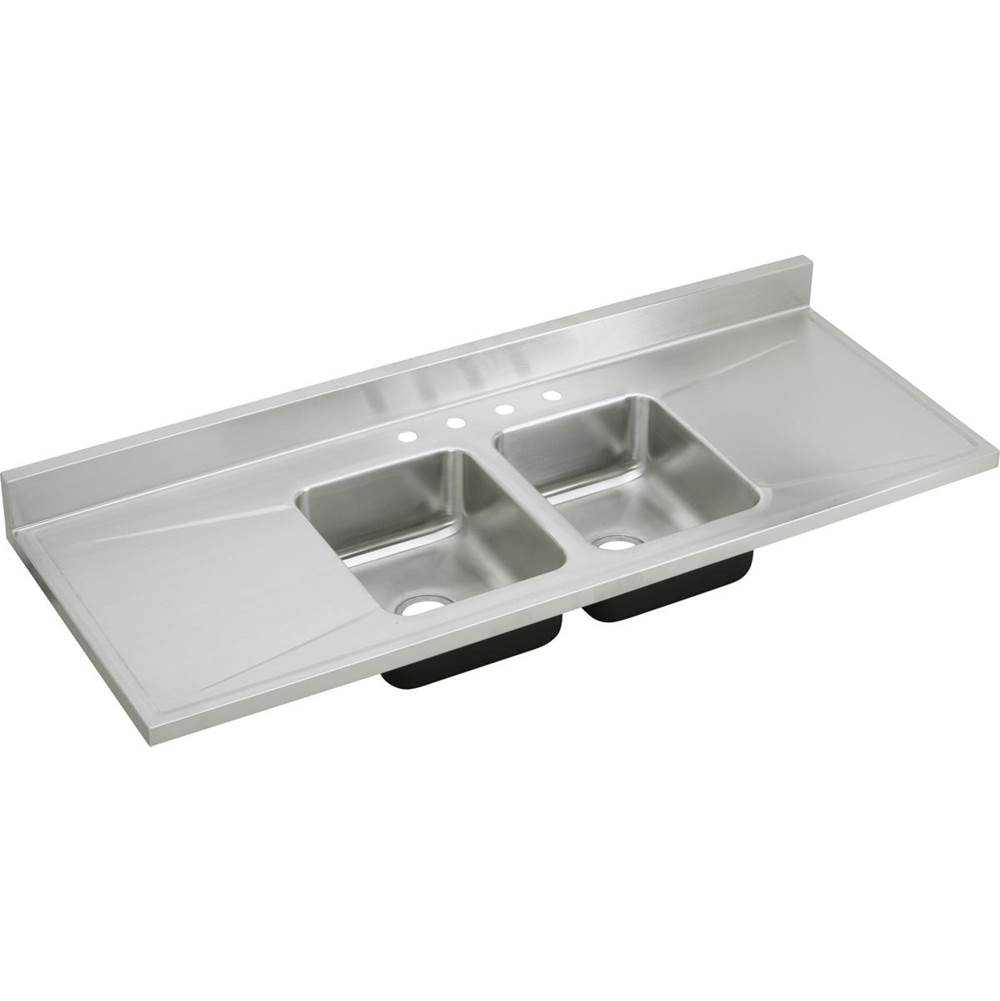 Elkay Lustertone Classic Stainless Steel 66'' x 25'' x 7-1/2'', 4-Hole Equal Double Bowl Sink Top with Drainboard
