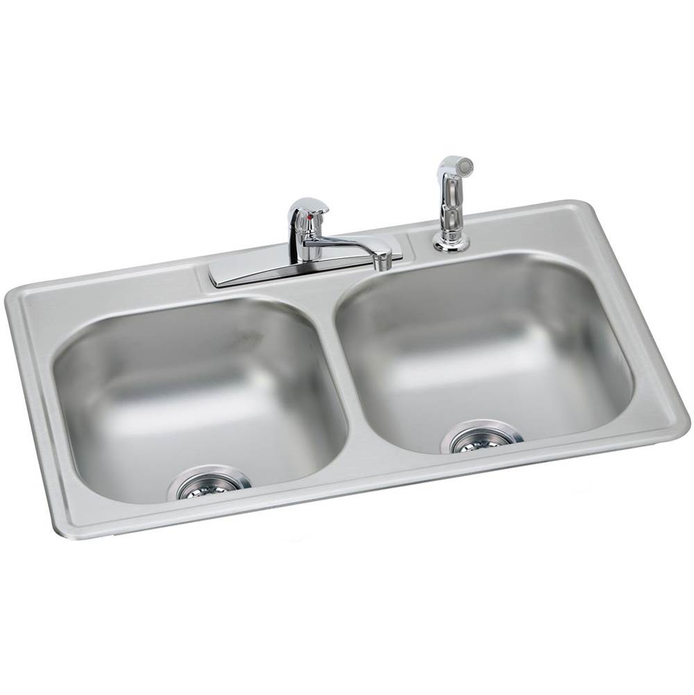 Elkay Dayton Stainless Steel 33'' x 22'' x 7-1/16'', 4-Hole Equal Double Bowl Drop-in Sink and Faucet Kit
