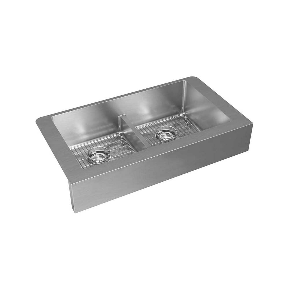 Elkay Crosstown 18 Gauge Stainless Steel 35-7/8'' x 20-1/4'' x 9'', Equal Double Bowl Farmhouse Sink Kit with Aqua Divide