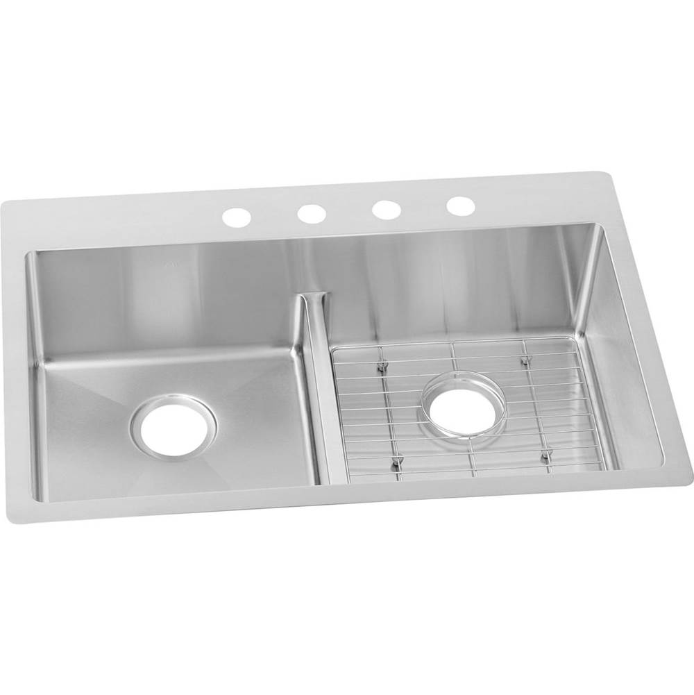 Elkay Crosstown 18 Gauge Stainless Steel 33'' x 22'' x 9'', 4-Hole Equal Double Bowl Dual Mount Sink Kit with Aqua Divide