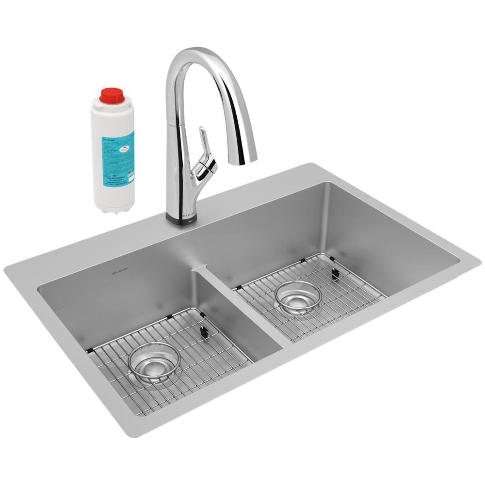 Elkay Crosstown 18 Gauge Stainless Steel 33'' x 22'' x 9'', Equal Double Bowl Dual Mount Sink Kit with Filtered Faucet with Aqua Divide