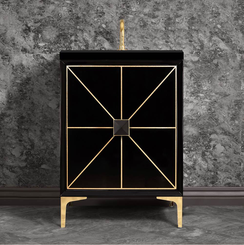 Linkasink Divergence with 3'' Black Artisan Glass Prism, 24'' Wide Vanity, Black, Polished Brass Hardware with White Glass, 24'' x 22'' x 33.5'' (without vanity top)