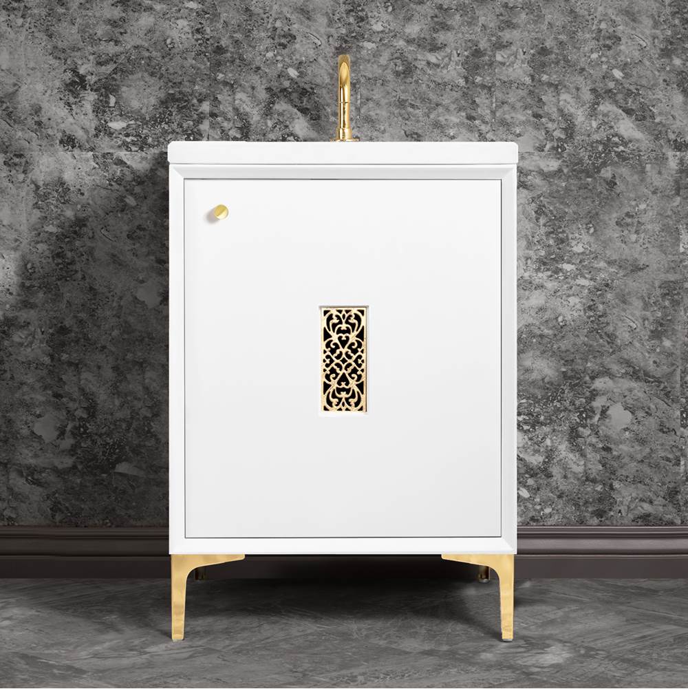 Linkasink Frame 24'' Wide White Vanity with Polished Brass Filigree Grate and Legs, 24'' x 22'' x 33.5'' (without vanity top)
