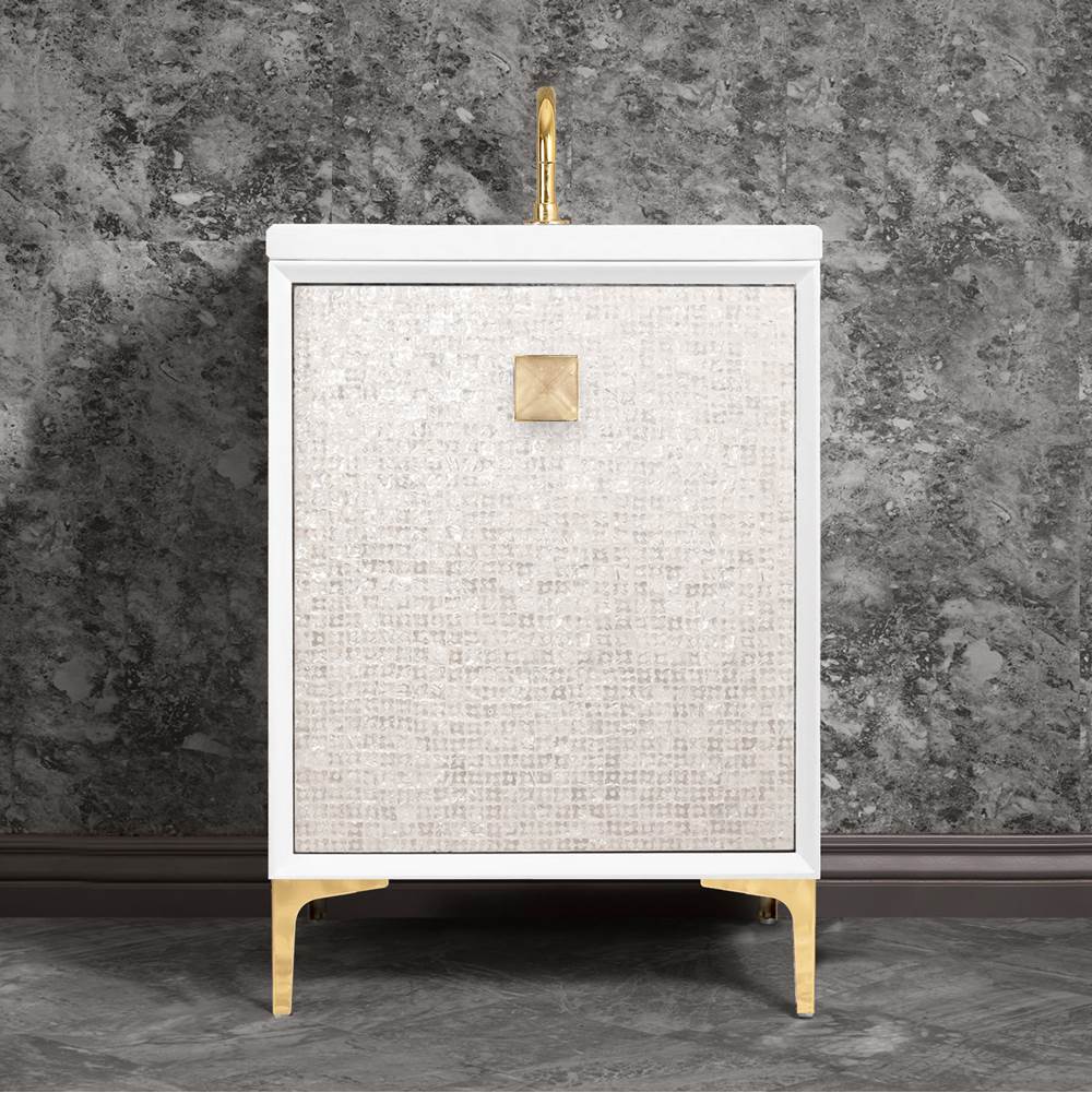 Linkasink MOTHER OF PEARL with 3'' Artisan Glass Prism Hardware 24'' Wide Vanity, White, Polished Brass Hardware, 24'' x 22'' x 33.5'' (without vanity top)