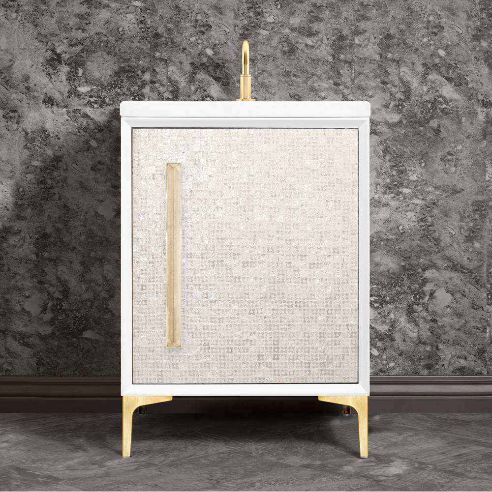 Linkasink MOTHER OF PEARL with 18'' Artisan Glass Prism Hardware 24'' Wide Vanity, White, Satin Brass Hardware, 24'' x 22'' x 33.5'' (without vanity top)