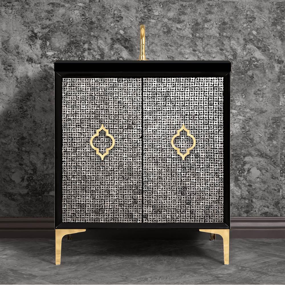 Linkasink Mother of Pearl 30'' Wide Black Vanity with Polished Brass Arabesque Pull and Hardware, 30'' x 22'' x 33.5'' (without vanity top)