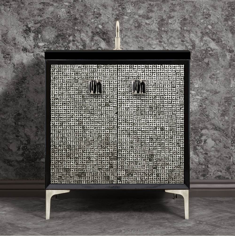 Linkasink MOTHER OF PEARL with 3'' Artisan Glass Prism Hardware 30'' Wide Vanity, Black, Satin Nickel Hardware, 30'' x 22'' x 33.5'' (without vanity top)