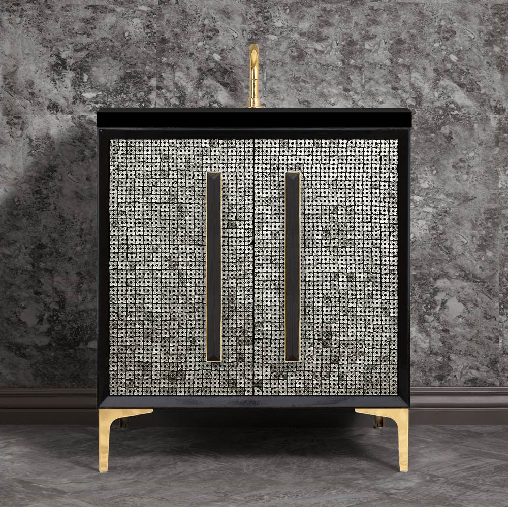 Linkasink MOTHER OF PEARL with 18'' Artisan Glass Prism Hardware 30'' Wide Vanity, Black, Polished Brass Hardware, 30'' x 22'' x 33.5'' (without vanity top)