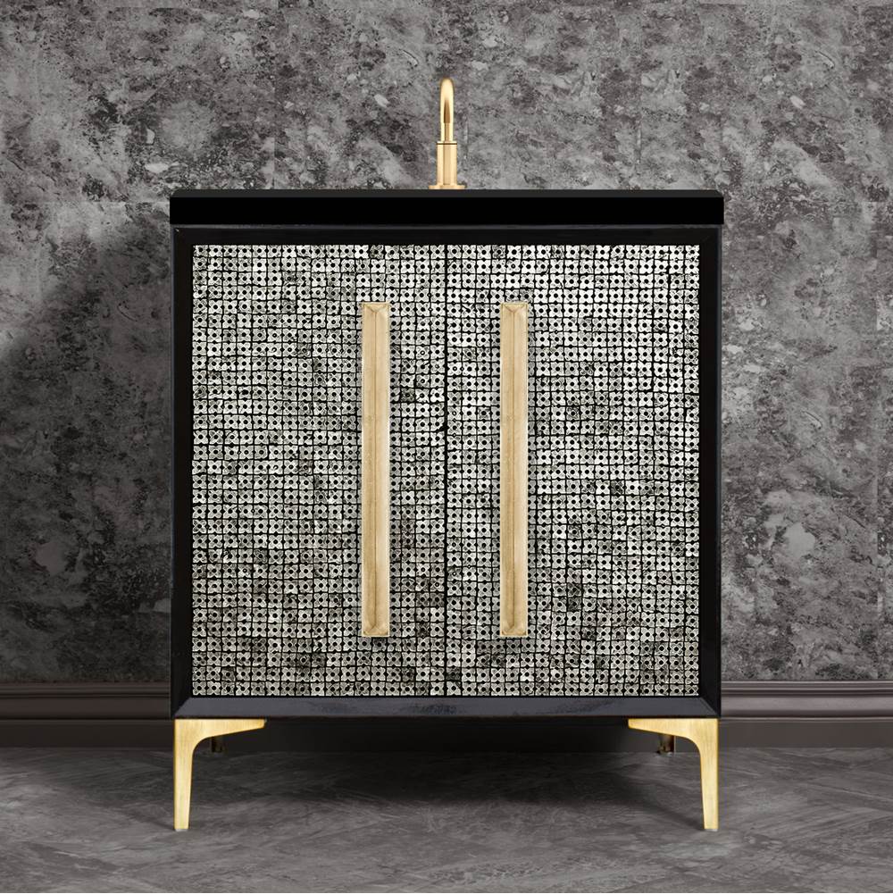 Linkasink MOTHER OF PEARL with 18'' Artisan Glass Prism Hardware 30'' Wide Vanity, Black, Satin Brass Hardware, 30'' x 22'' x 33.5'' (without vanity top)