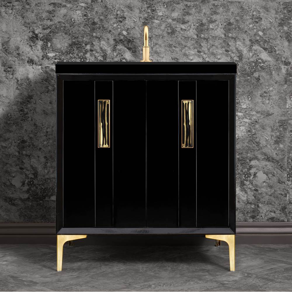 Linkasink Tuxedo with 8'' Black Tiger Artisan Glass Prism, 30'' Wide Vanity, Black, Satin Brass Hardware with White Glass, 30'' x 22'' x 33.5'' (without vanity top)
