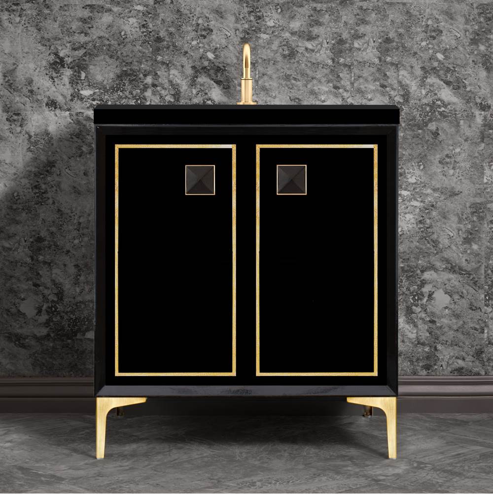 Linkasink LINEA with 3'' Artisan Glass Prism Hardware 30'' Wide Vanity, Black, Satin Brass Hardware, 30'' x 22'' x 33.5'' (without vanity top)