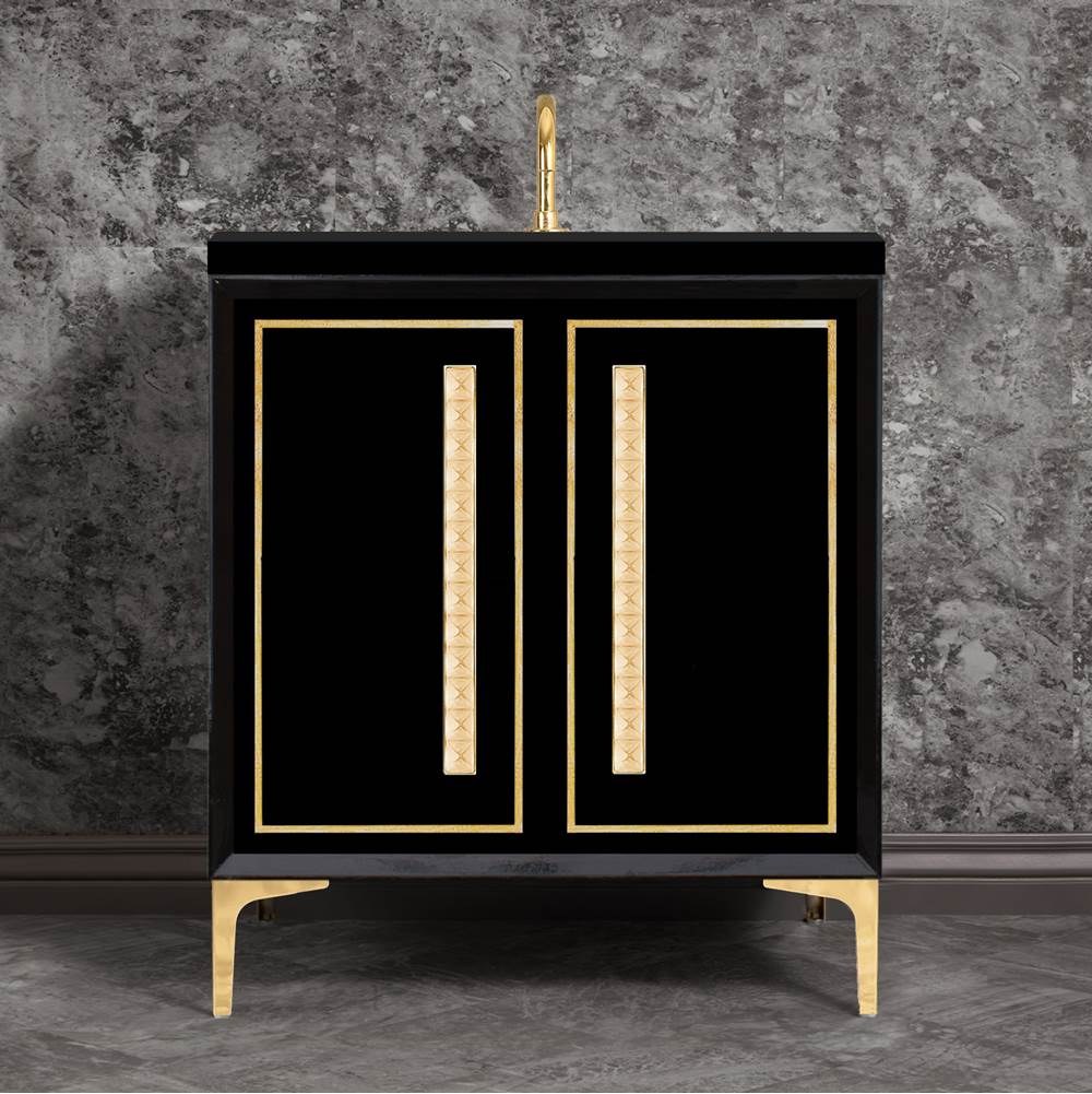 Linkasink LINEA with 18'' Artisan Glass Pyramid Hardware 30'' Wide Vanity, Black, Polished Brass Hardware, 30'' x 22'' x 33.5'' (without vanity top)