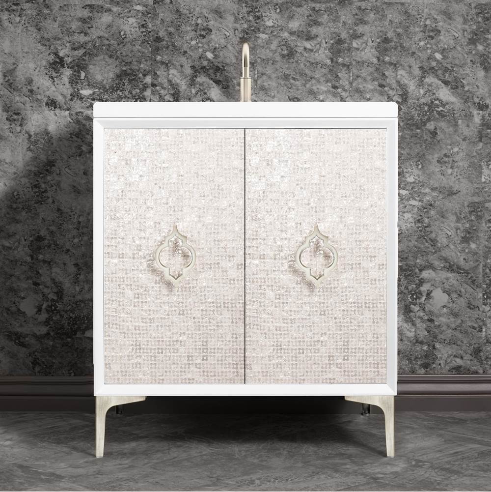 Linkasink Mother of Pearl 30'' Wide White Vanity with Satin Nickel Arabesque Pull and Hardware