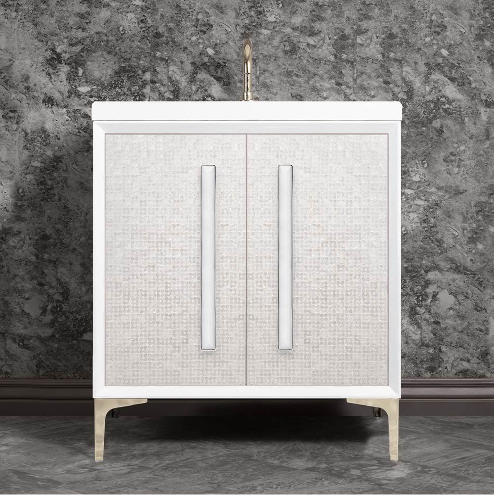 Linkasink MOTHER OF PEARL with 18'' Artisan Glass Prism Hardware 30'' Wide Vanity, White, Polished Nickel Hardware, 30'' x 22'' x 33.5'' (without vanity top)