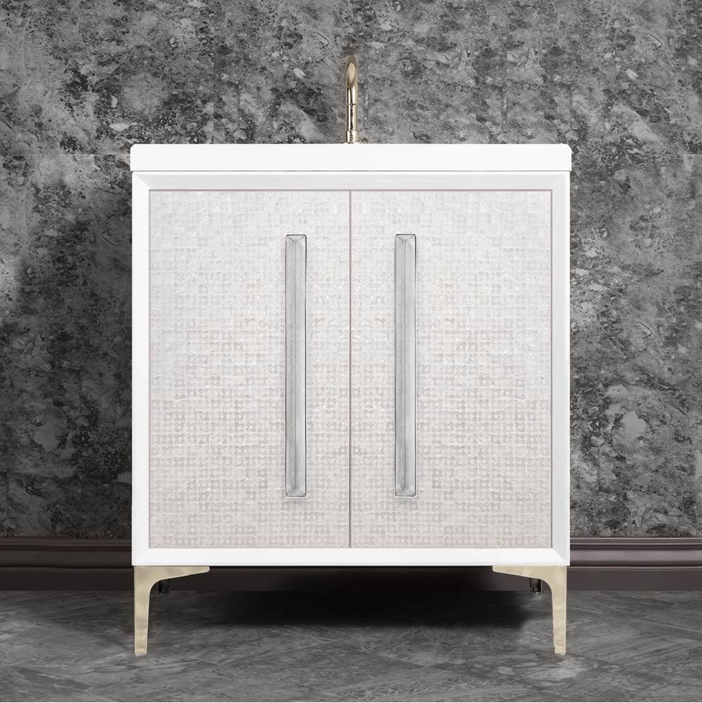Linkasink MOTHER OF PEARL with 18'' Artisan Glass Prism Hardware 30'' Wide Vanity, White, Polished Nickel Hardware, 30'' x 22'' x 33.5'' (without vanity top)