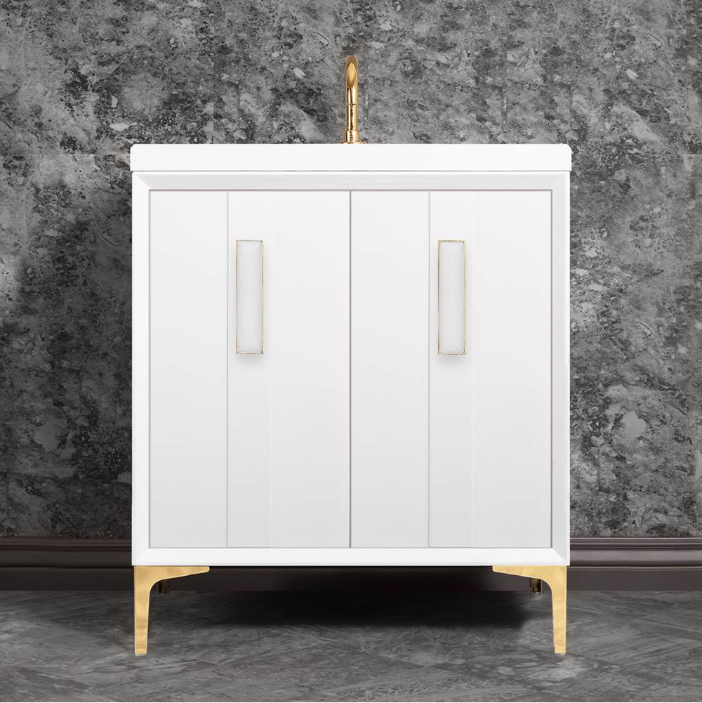 Linkasink TUXEDO with 8'' Artisan Glass Prism Hardware 30'' Wide Vanity, White, Polished Brass Hardware, 30'' x 22'' x 33.5'' (without vanity top)